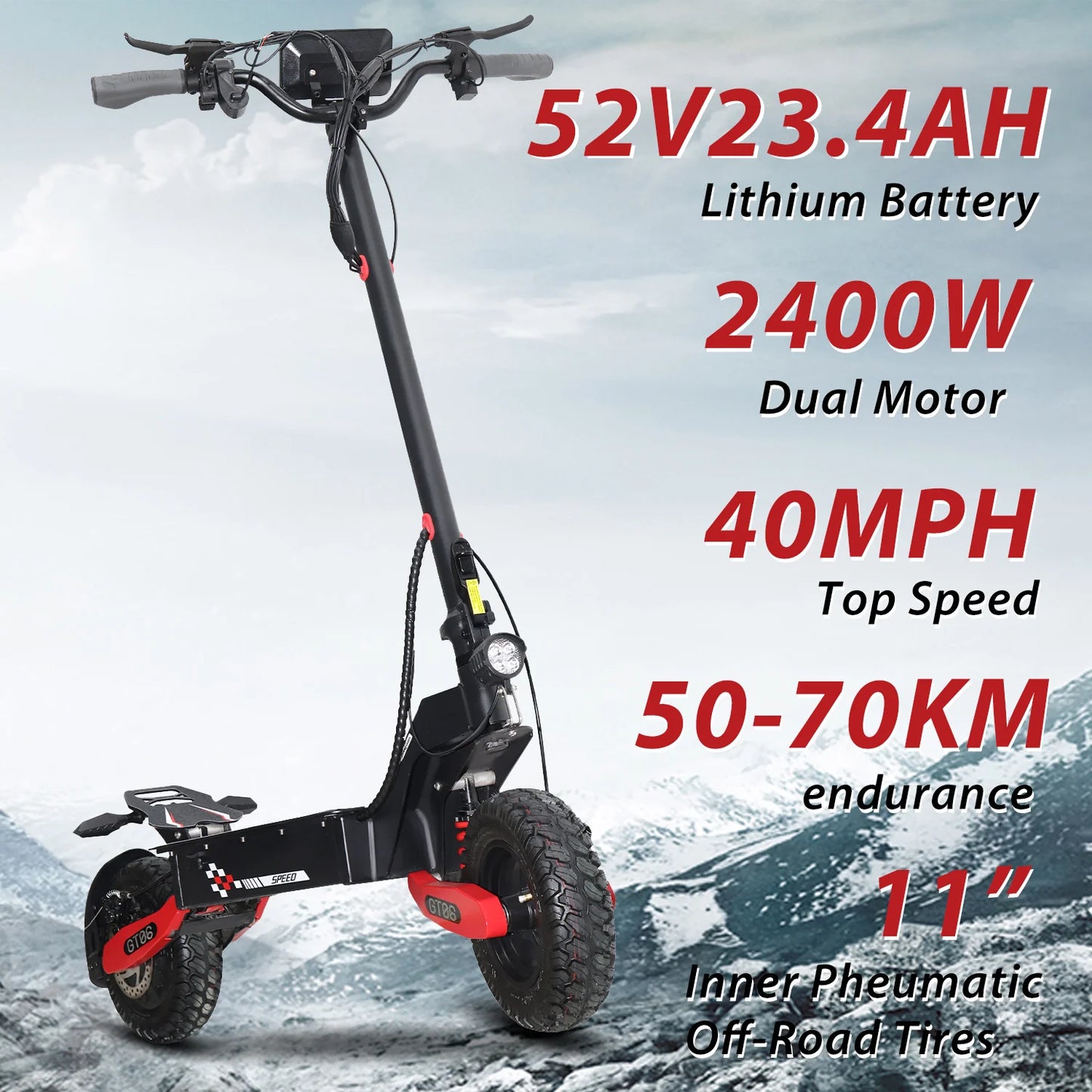 40MPH Electric Scooter For Adults 52V 23AH,2400W Dual Motor EScooter With Shock Absorption ,11'' Off-Road Tires Folding Scooter